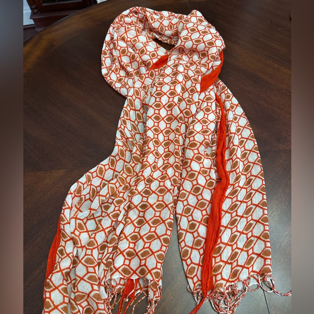 Multicolor Lightweight Scarf with Fringe Orange Fall Brown Off-white